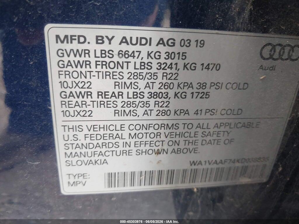 WA1VAAF74KD038835 2019 AUDI Q7 photo no. 9