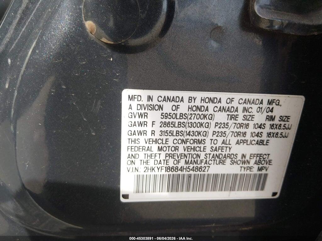 2HKYF18684H548627 2004 HONDA PILOT photo no. 9