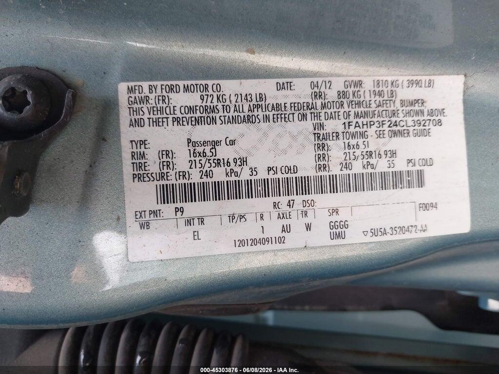 1FAHP3F24CL392708 2012 FORD FOCUS photo no. 9