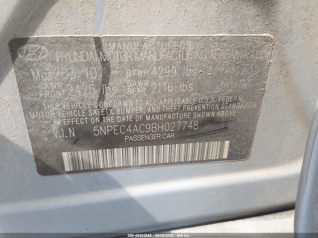 5NPEC4AC9BH027748 2011 HYUNDAI SONATA photo no. 9