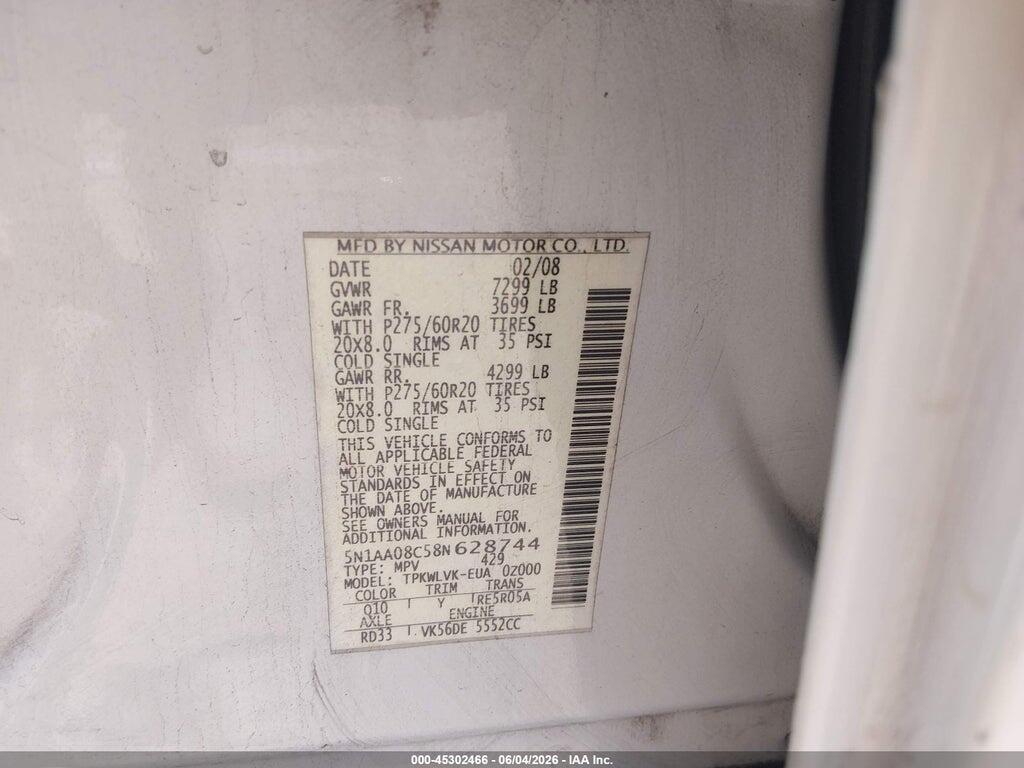 5N1AA08C58N628744 2008 NISSAN ARMADA photo no. 9