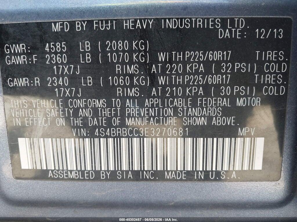 4S4BRBCC3E3270681 2014 SUBARU OUTBACK photo no. 9