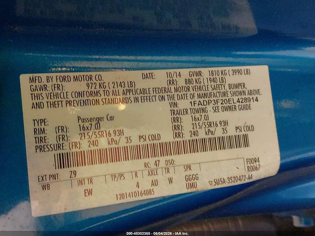 1FADP3F20EL428914 2014 FORD FOCUS photo no. 9