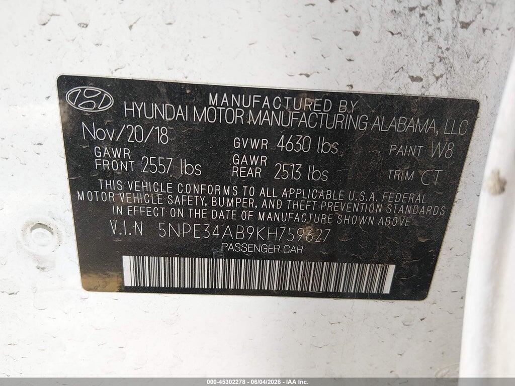 5NPE34AB9KH759627 2019 HYUNDAI SONATA photo no. 9