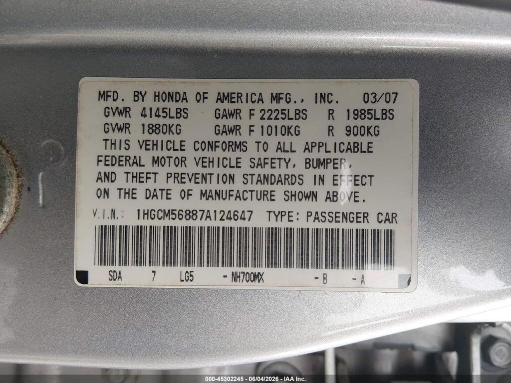 1HGCM56887A124647 2007 HONDA ACCORD photo no. 9
