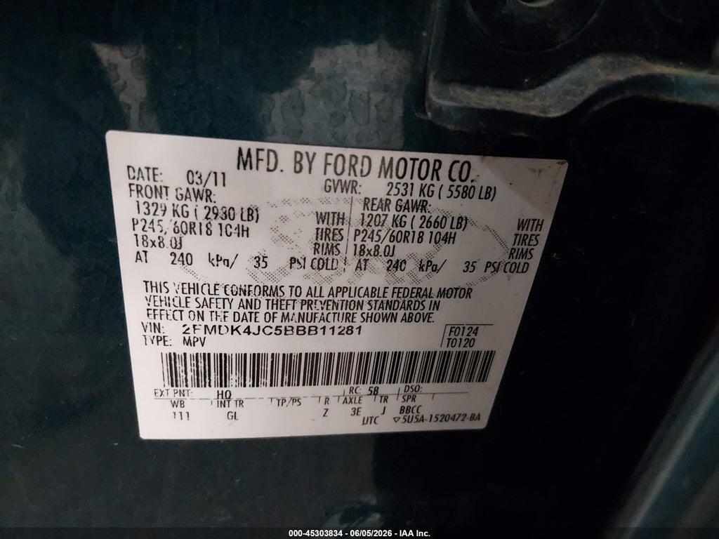 2FMDK4JC5BBB11281 2011 FORD EDGE photo no. 9