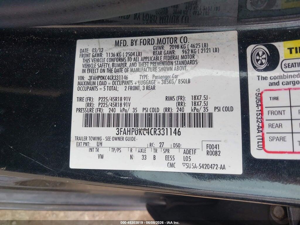 3FAHP0KC4CR331146 2012 FORD FUSION photo no. 9