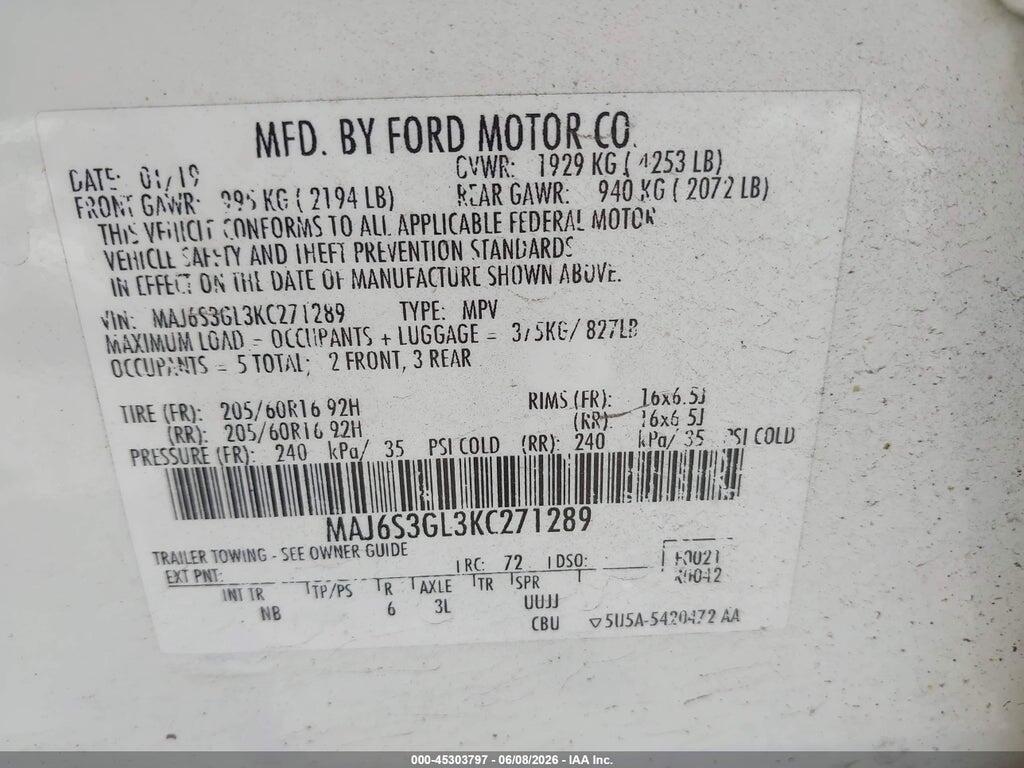 MAJ6S3GL3KC271289 2019 FORD ECOSPORT photo no. 9