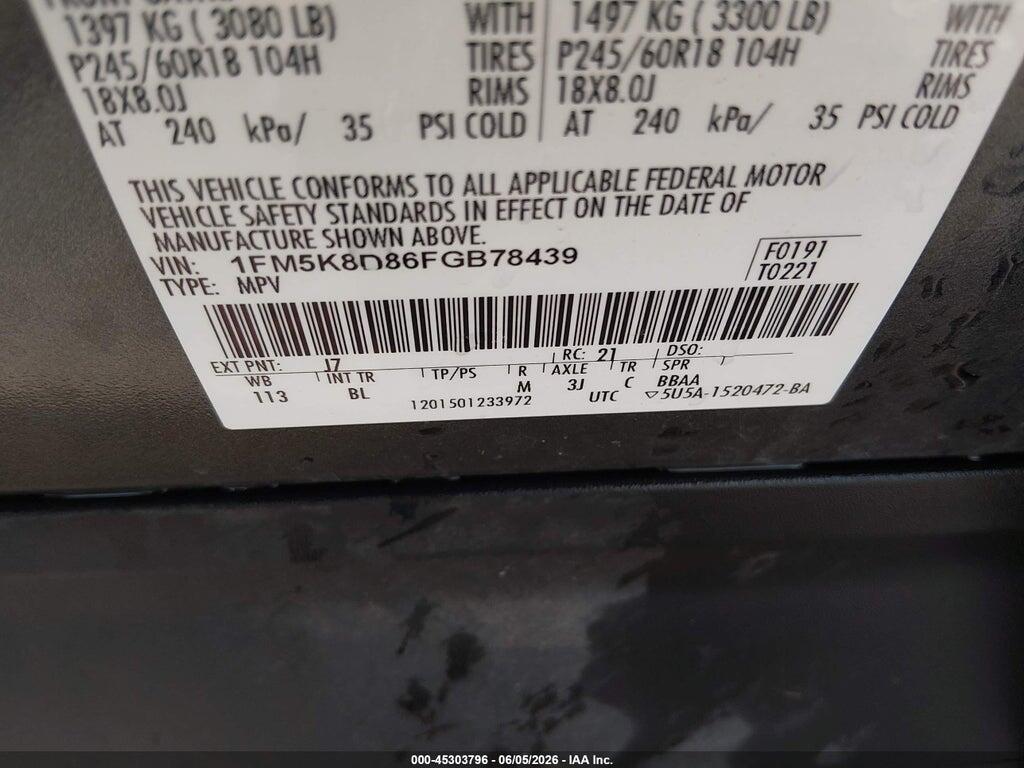 1FM5K8D86FGB78439 2015 FORD EXPLORER photo no. 9