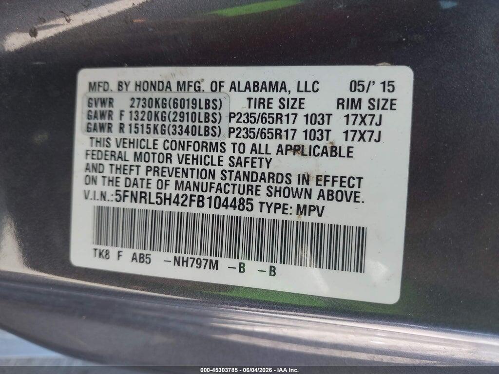 5FNRL5H42FB104485 2015 HONDA ODYSSEY photo no. 9
