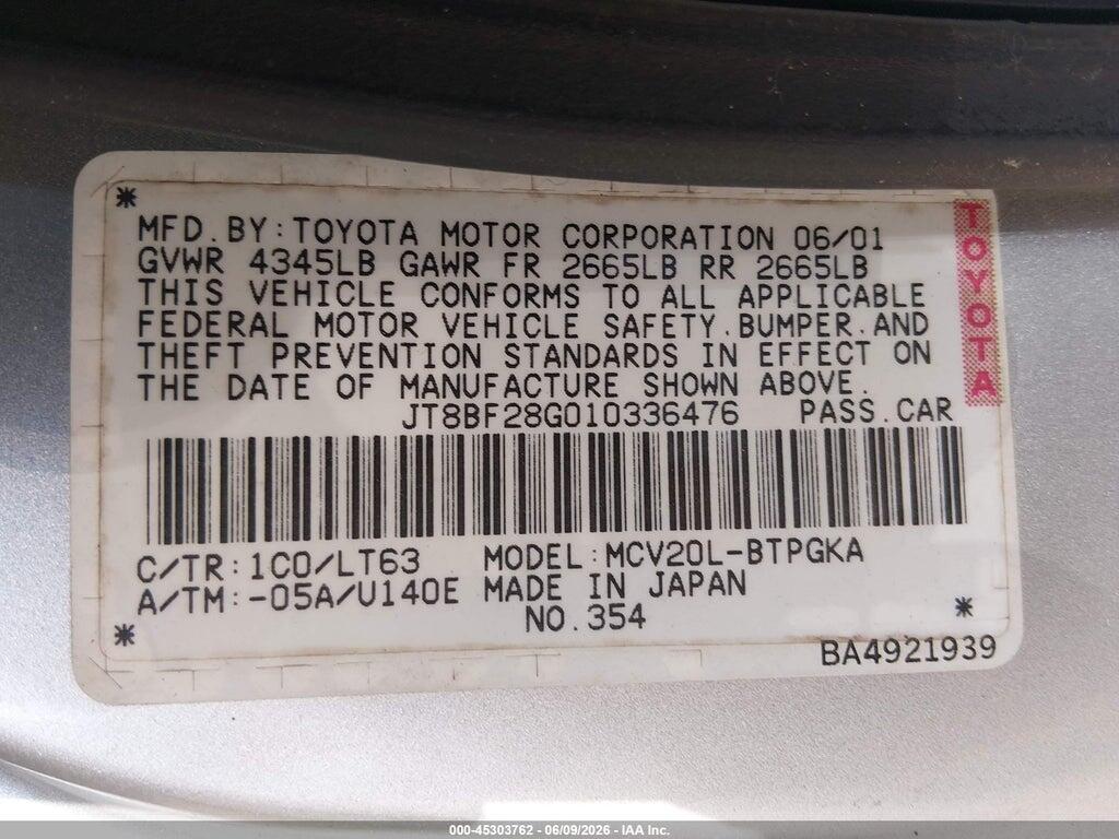 JT8BF28G010336476 2001 LEXUS ES 300 photo no. 9