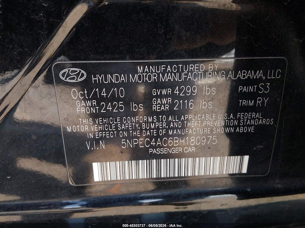 5NPEC4AC6BH180975 2011 HYUNDAI SONATA photo no. 9