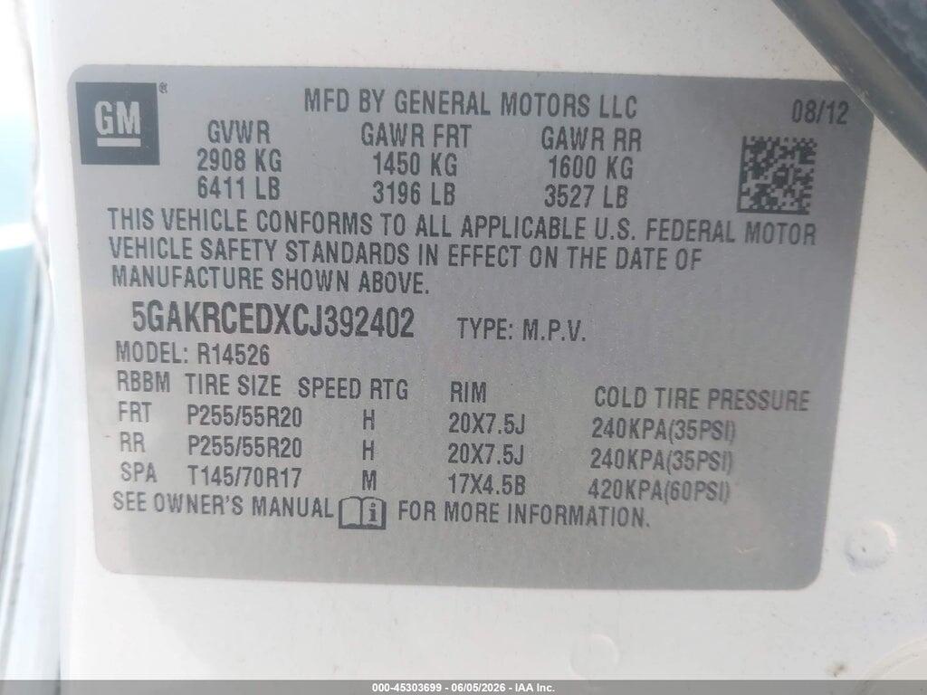 5GAKRCEDXCJ392402 2012 BUICK ENCLAVE photo no. 9
