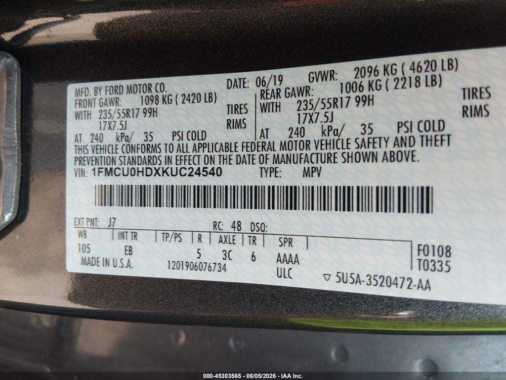 1FMCU0HDXKUC24540 2019 FORD ESCAPE photo no. 9