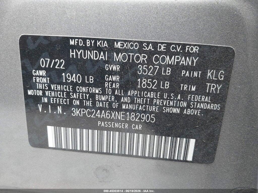 3KPC24A6XNE182905 2022 HYUNDAI ACCENT photo no. 9