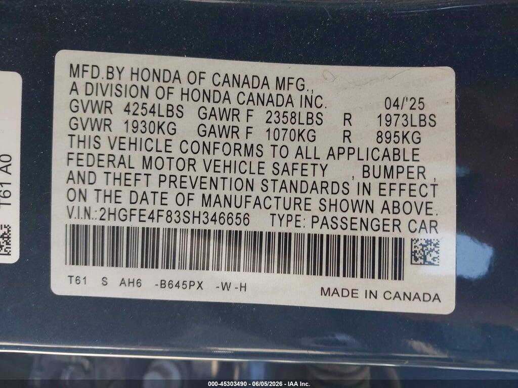 2HGFE4F83SH346656 2025 HONDA CIVIC HYBRID photo no. 9