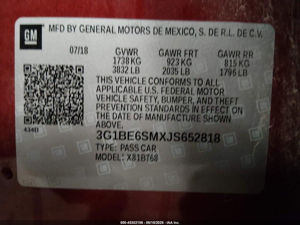 3G1BE6SMXJS652818 2018 CHEVROLET CRUZE photo no. 9