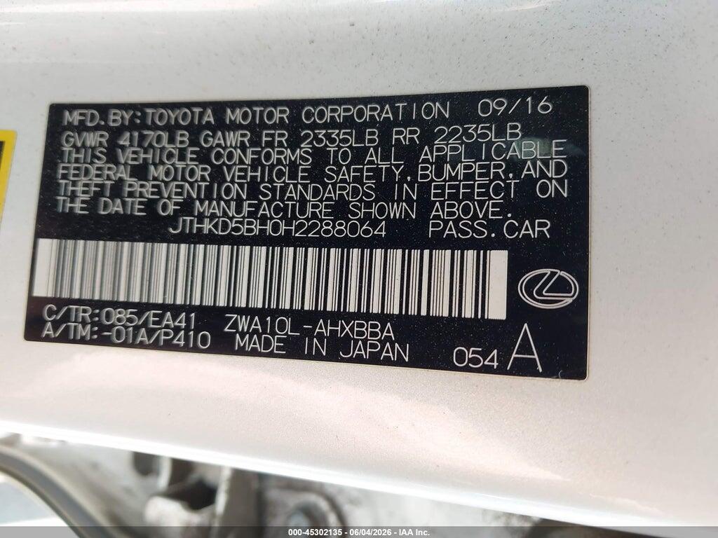 JTHKD5BH0H2288064 2017 LEXUS CT 200H photo no. 9