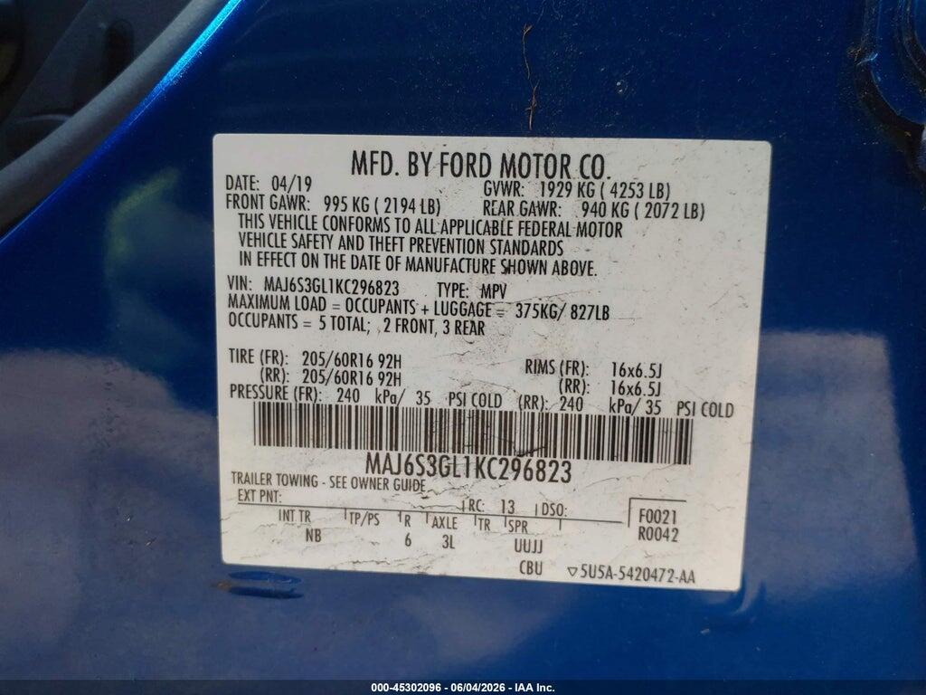 MAJ6S3GL1KC296823 2019 FORD ECOSPORT photo no. 9