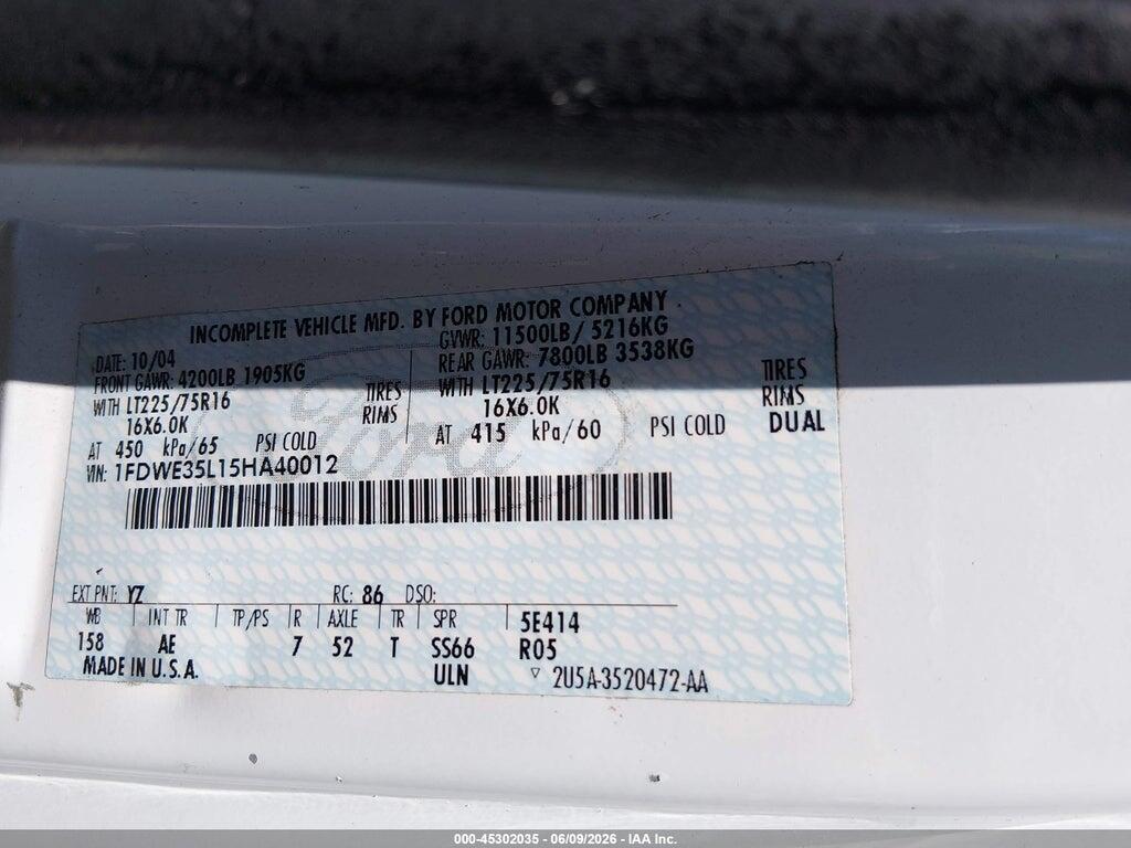 1FDWE35L15HA40012 2005 FORD E-350 CUTAWAY photo no. 8