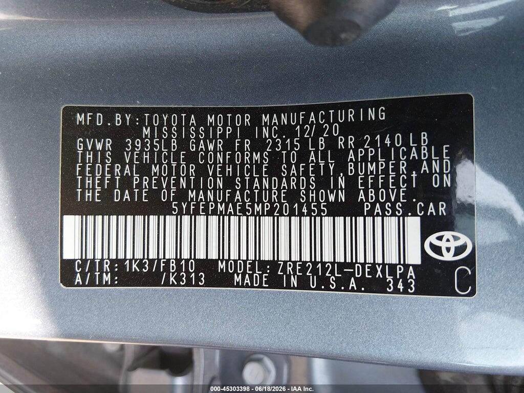 5YFEPMAE5MP201455 2021 TOYOTA COROLLA photo no. 9