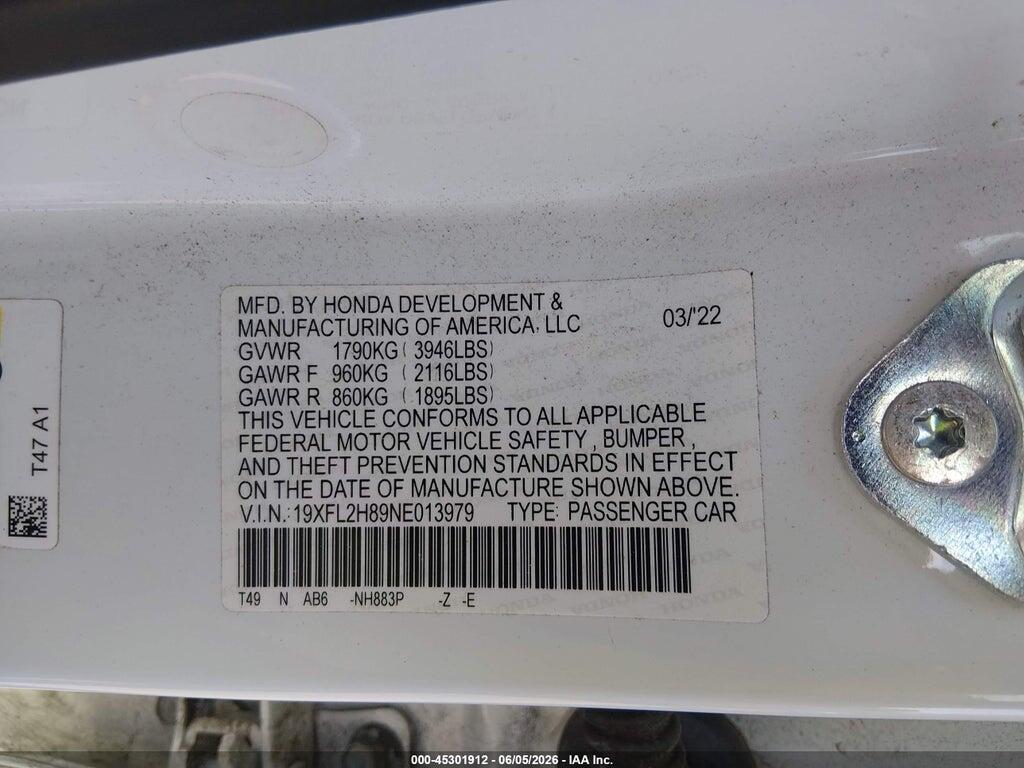 19XFL2H89NE013979 2022 HONDA CIVIC photo no. 9