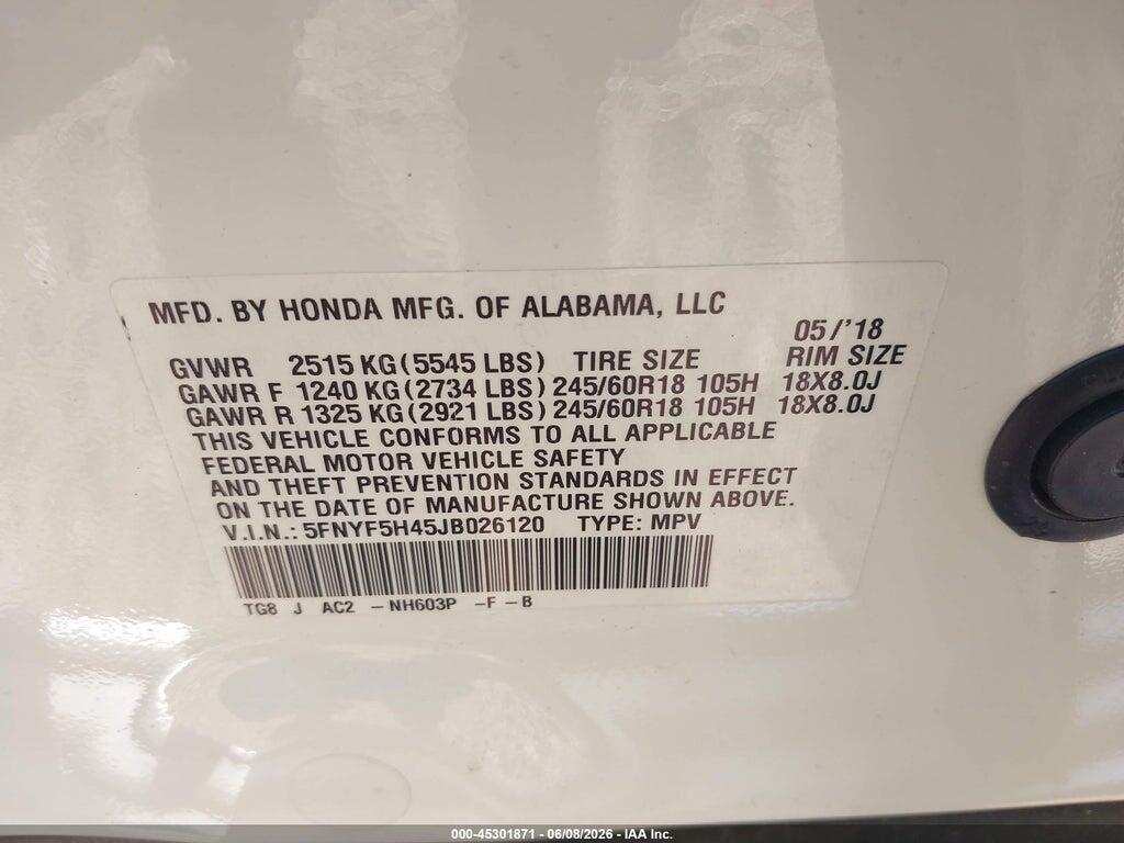 5FNYF5H45JB026120 2018 HONDA PILOT photo no. 9