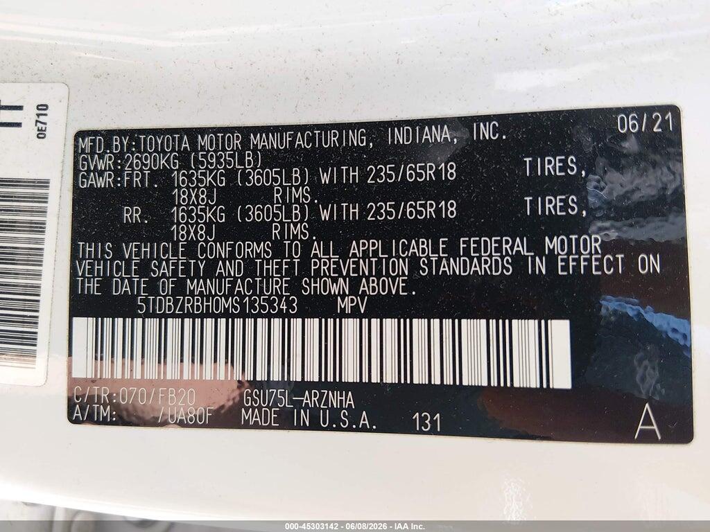 5TDBZRBH0MS135343 2021 TOYOTA HIGHLANDER photo no. 9