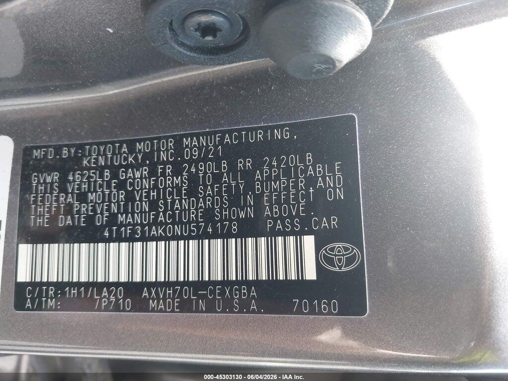 4T1F31AK0NU574178 2022 TOYOTA CAMRY photo no. 9