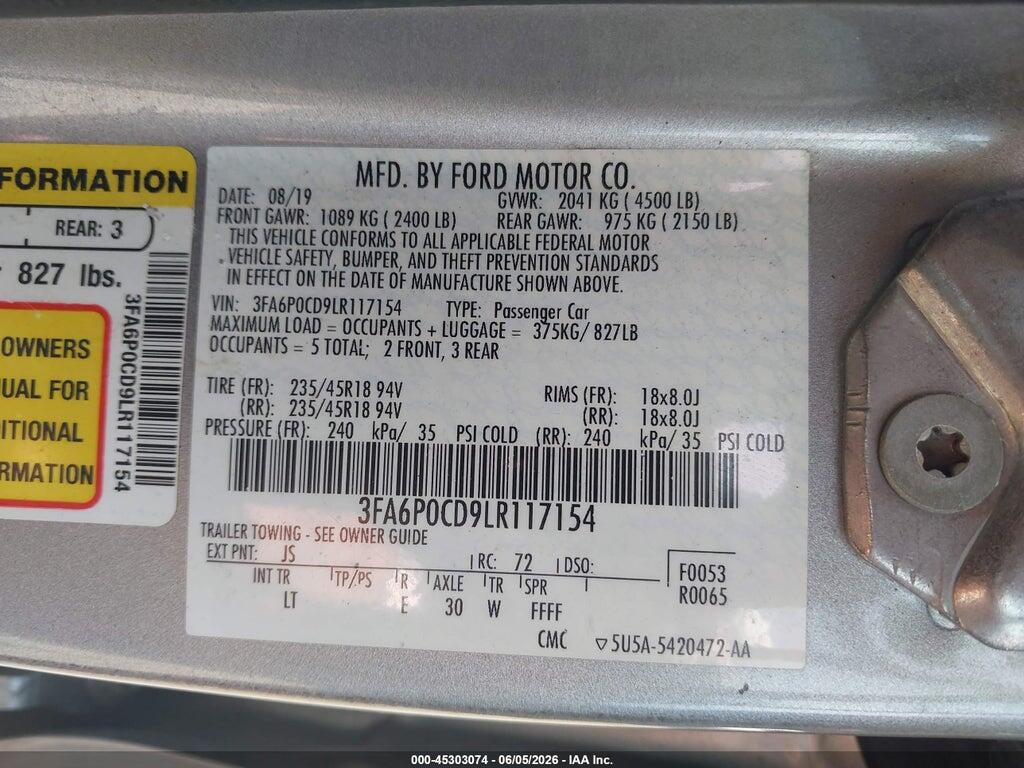 3FA6P0CD9LR117154 2020 FORD FUSION photo no. 9