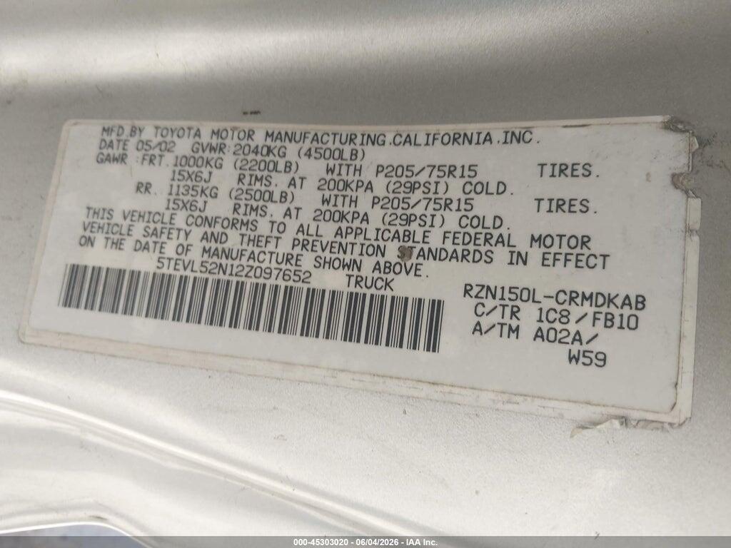 5TEVL52N12Z097652 2002 TOYOTA TACOMA photo no. 9