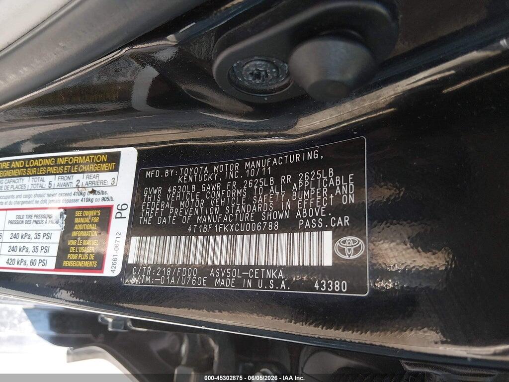 4T1BF1FKXCU006788 2012 TOYOTA CAMRY photo no. 9