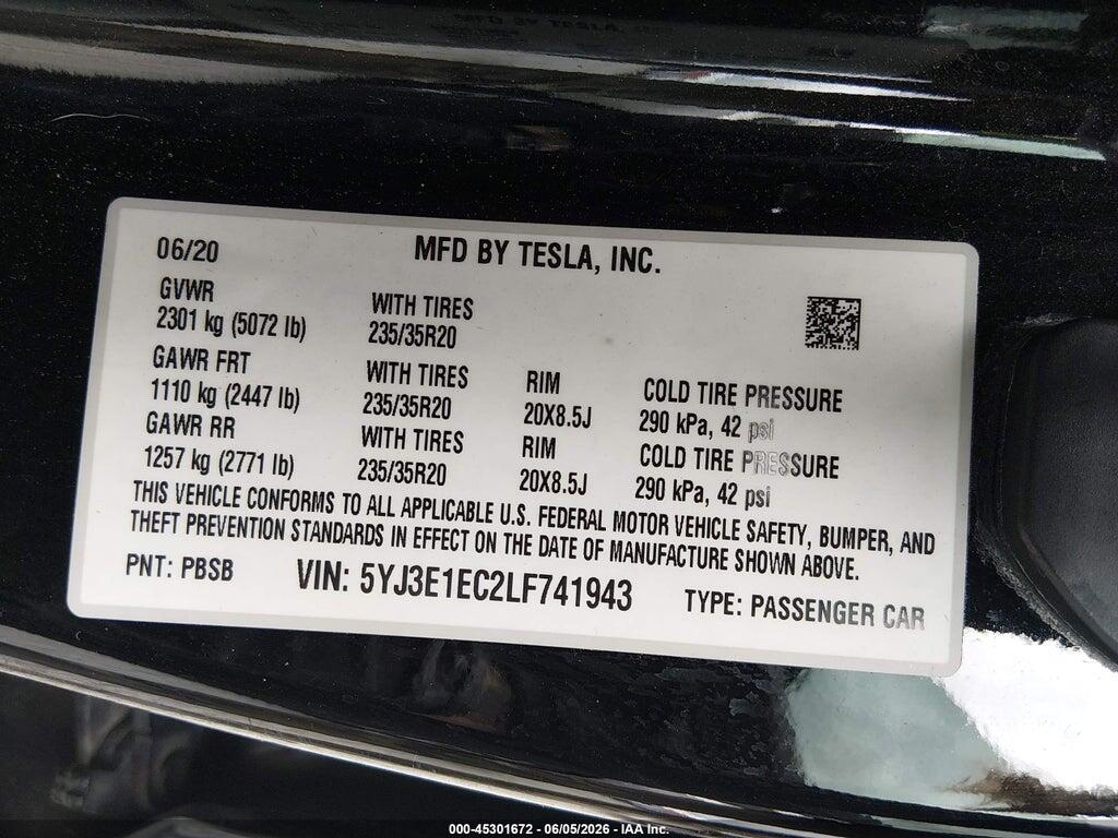 5YJ3E1EC2LF741943 2020 TESLA MODEL 3 photo no. 9