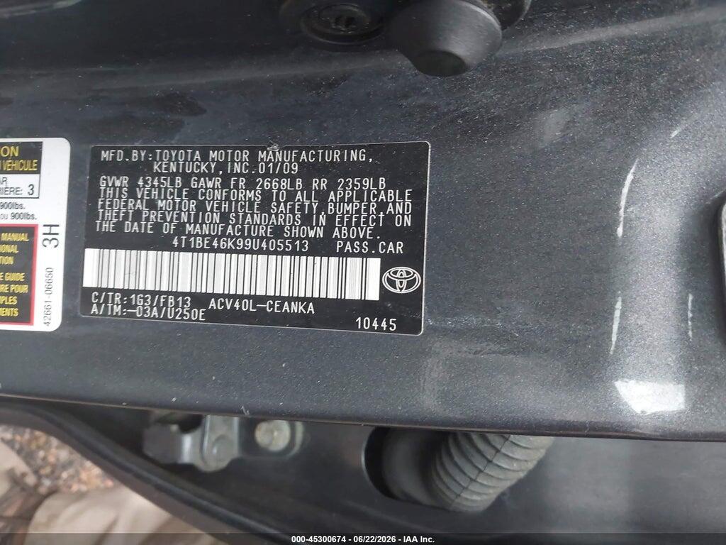 4T1BE46K99U405513 2009 TOYOTA CAMRY photo no. 9