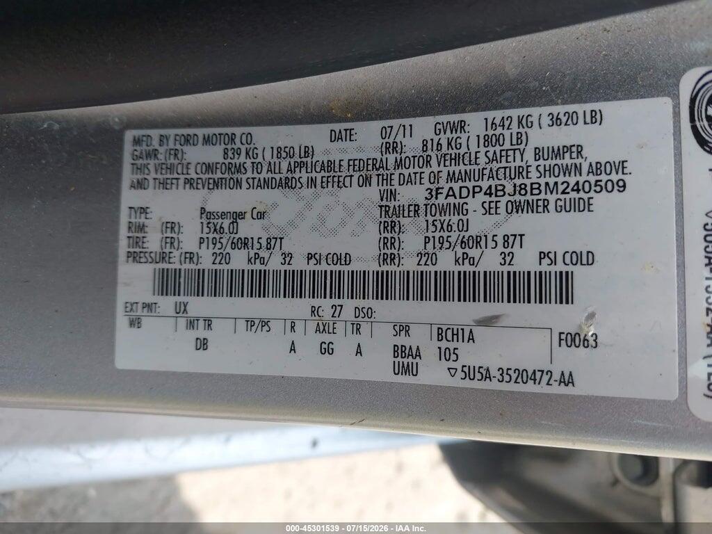 3FADP4BJ8BM240509 2011 FORD FIESTA photo no. 9