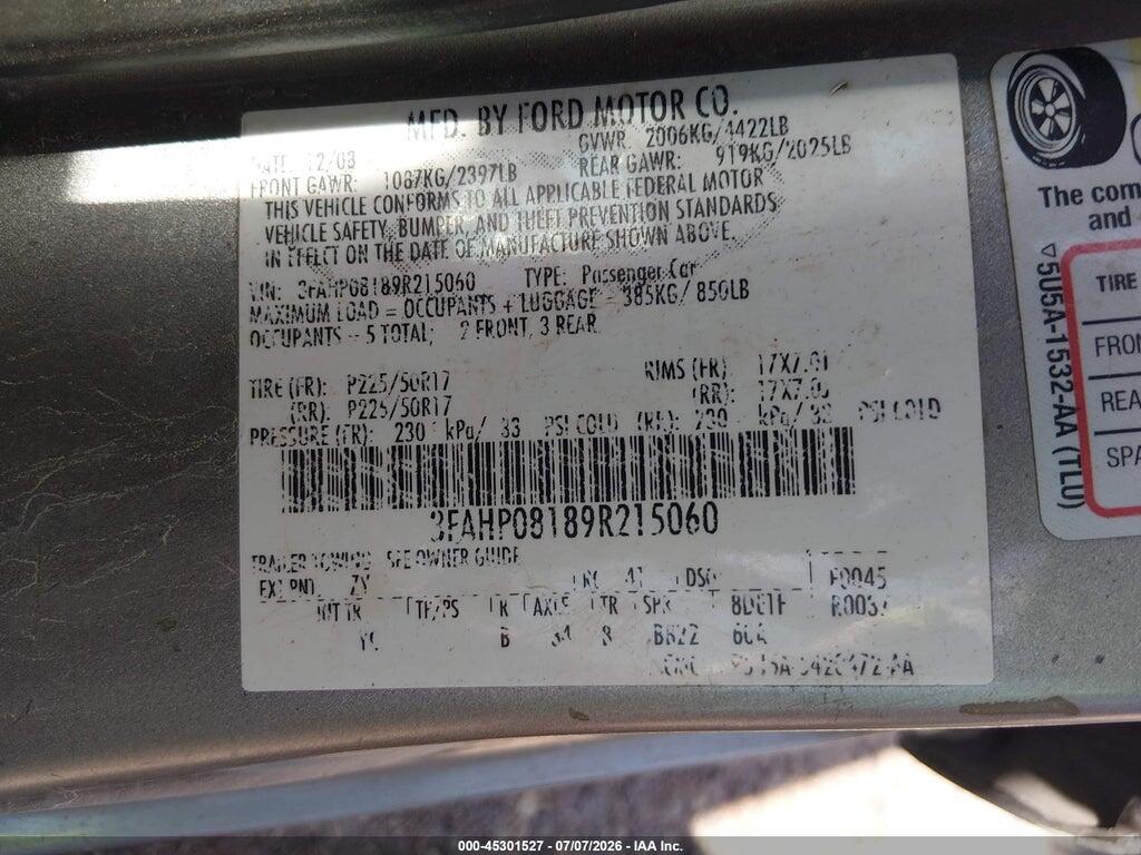 3FAHP08189R215060 2009 FORD FUSION photo no. 9