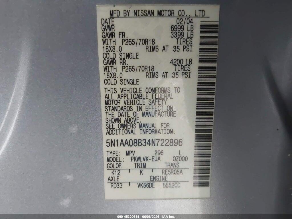 5N1AA08B34N722896 2004 NISSAN PATHFINDER ARMADA photo no. 9