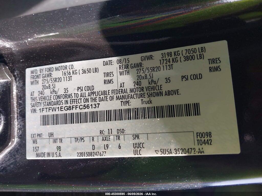 1FTFW1EG8FFC56137 2015 FORD F-150 photo no. 9