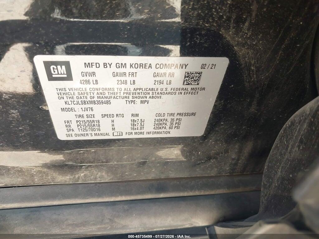 KL7CJLSBXMB359485 2021 CHEVROLET TRAX photo no. 9
