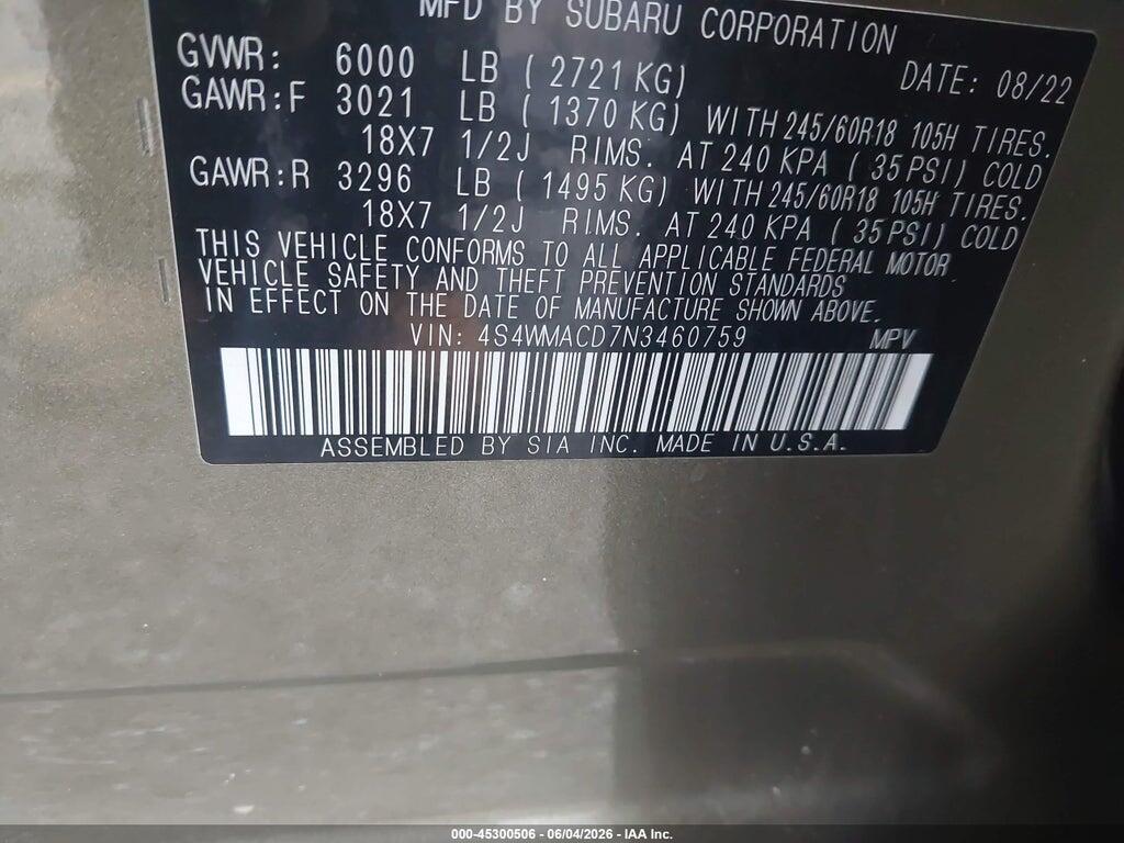 4S4WMACD7N3460759 2022 SUBARU ASCENT photo no. 9