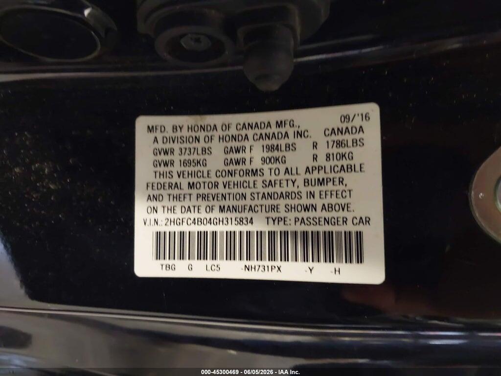 2HGFC4B04GH315834 2016 HONDA CIVIC photo no. 9