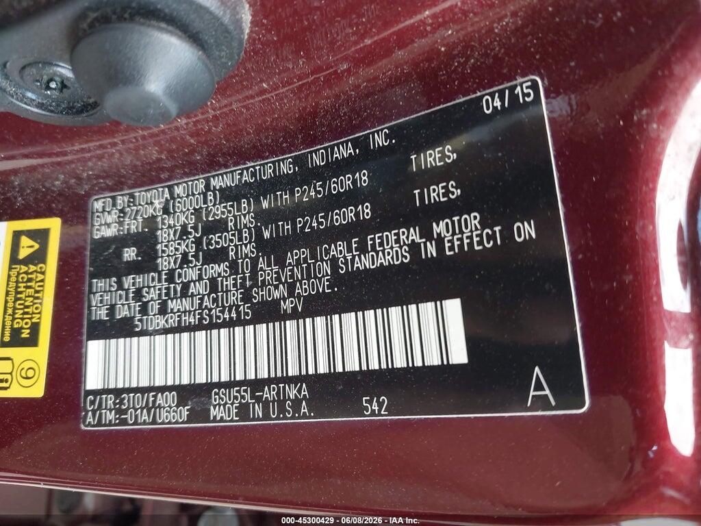 5TDBKRFH4FS154415 2015 TOYOTA HIGHLANDER photo no. 9