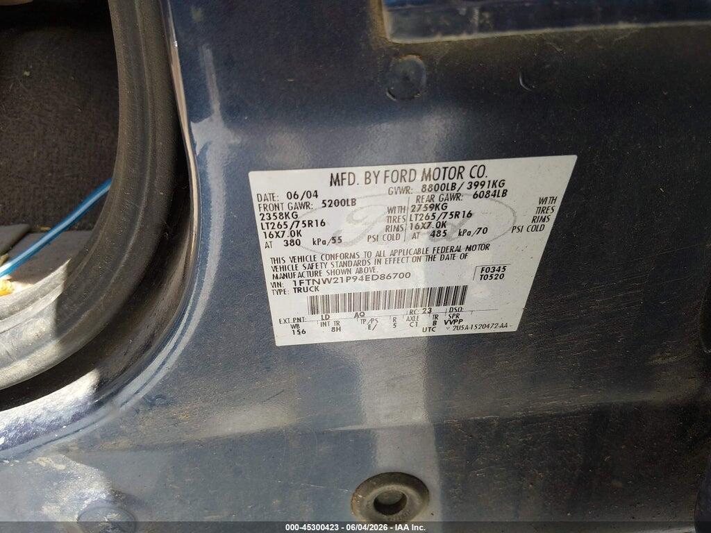1FTNW21P94ED86700 2004 FORD F-250 photo no. 9