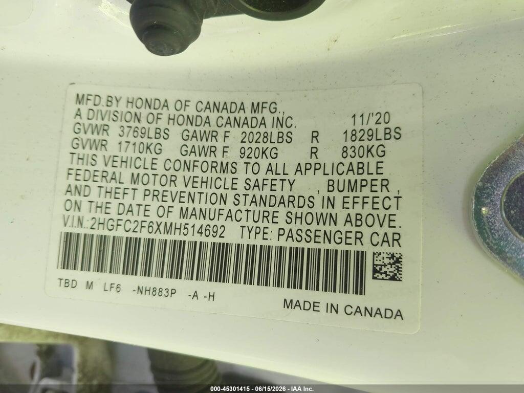 2HGFC2F6XMH514692 2021 HONDA CIVIC photo no. 9