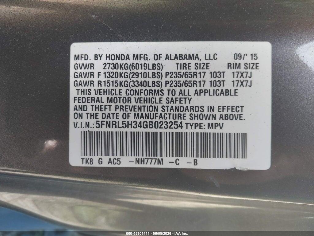 5FNRL5H34GB023254 2016 HONDA ODYSSEY photo no. 9