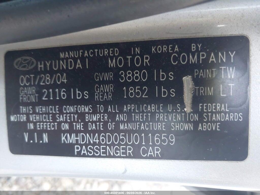 KMHDN46D05U011659 2005 HYUNDAI ELANTRA photo no. 9