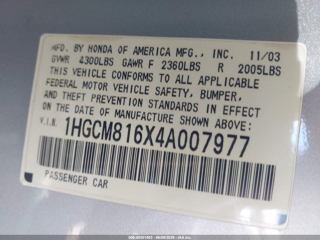 1HGCM816X4A007977 2004 HONDA ACCORD photo no. 9
