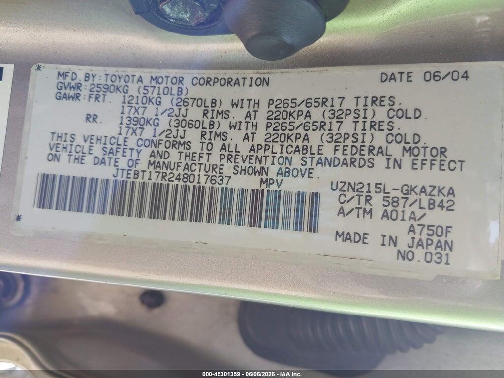 JTEBT17R248017637 2004 TOYOTA 4RUNNER photo no. 9