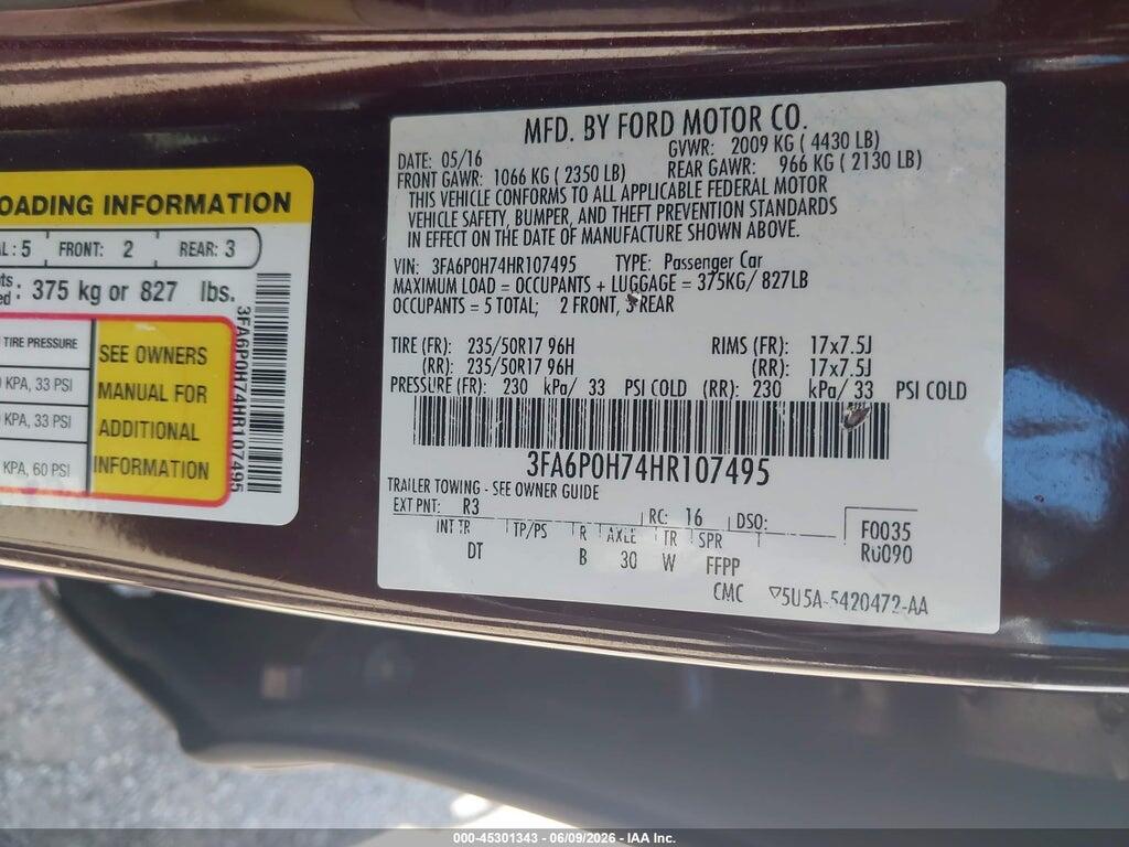 3FA6P0H74HR107495 2017 FORD FUSION photo no. 9