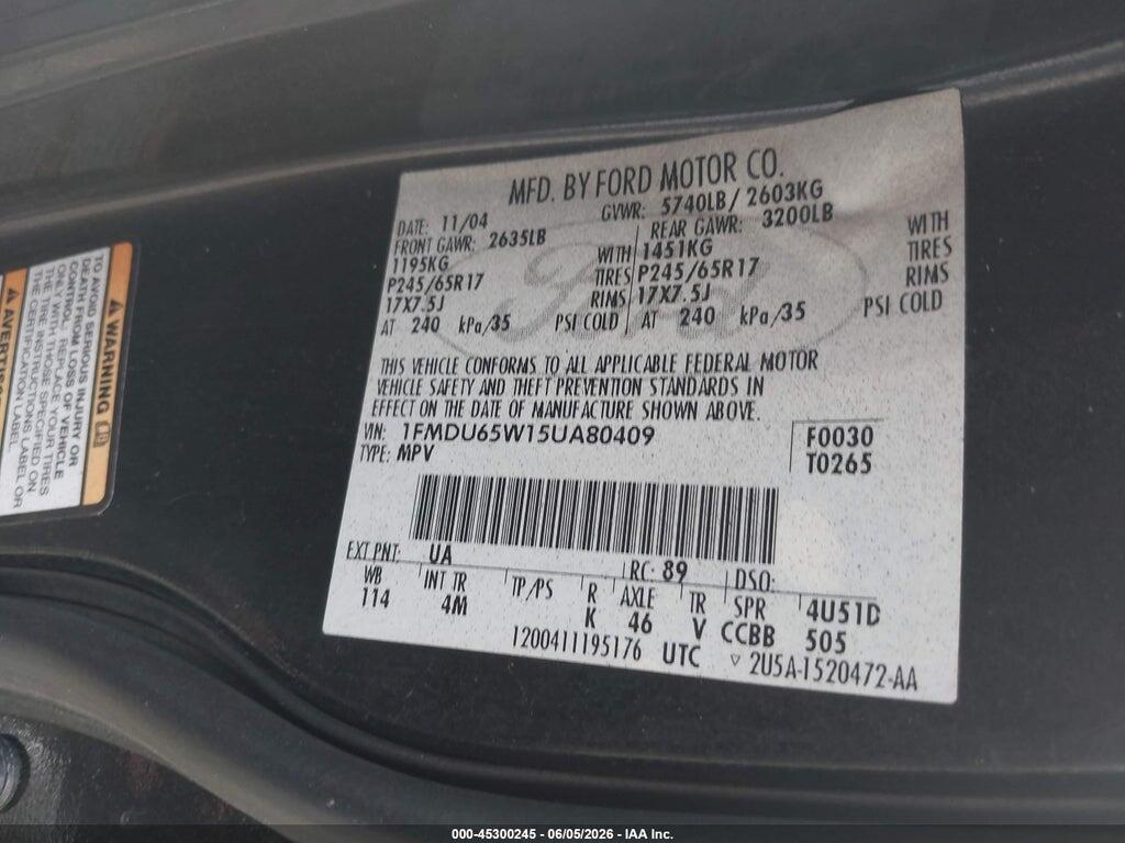 1FMDU65W15UA80409 2005 FORD EXPLORER photo no. 9